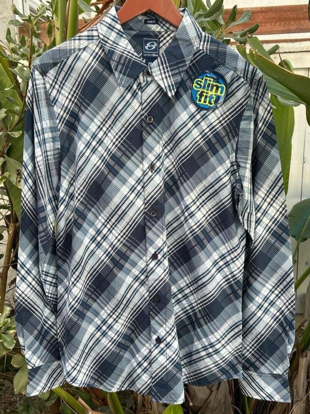 Anchor Blue Plaid Slim Fit Button Down Shirt Blue Gray M